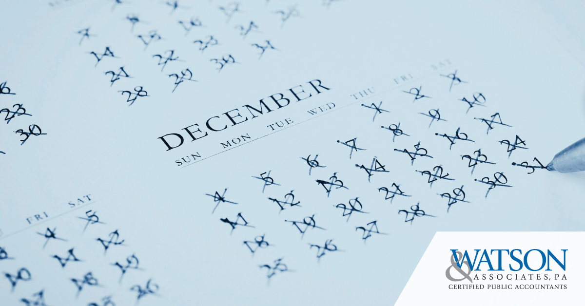 Year End Planning blog post cover photo with December calendar with all the days "X" out with Watson & Associates logo in the bottom right corner.